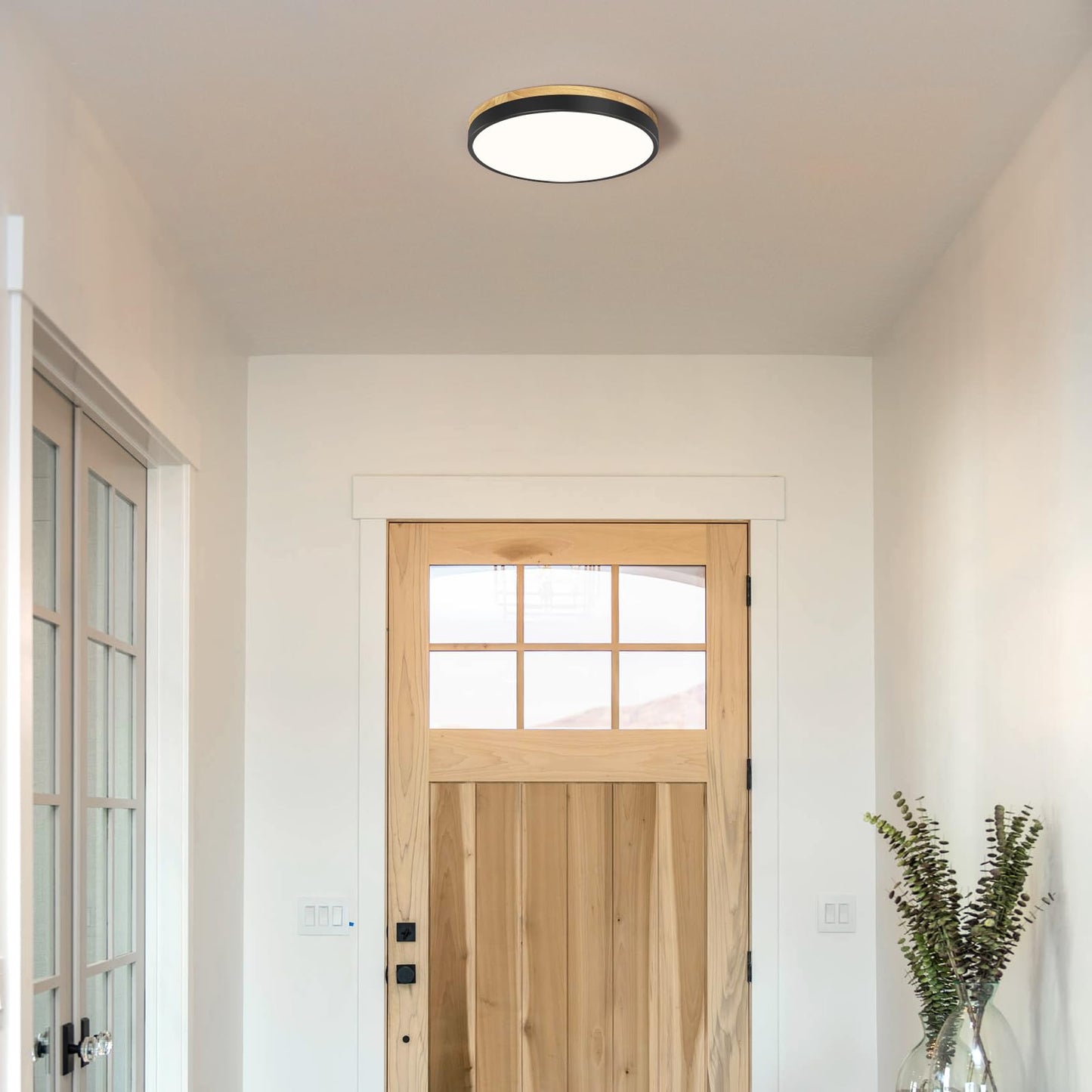 Vikaey Modern Wood LED Ceiling Light Fixture, Minimalist Black Flush Mount Ceiling Lamps, Round Ceiling Lighting Fixtures for Bedroom, Hallway, Dining Room, Kitchen, Laundry Room, Not Dimmable