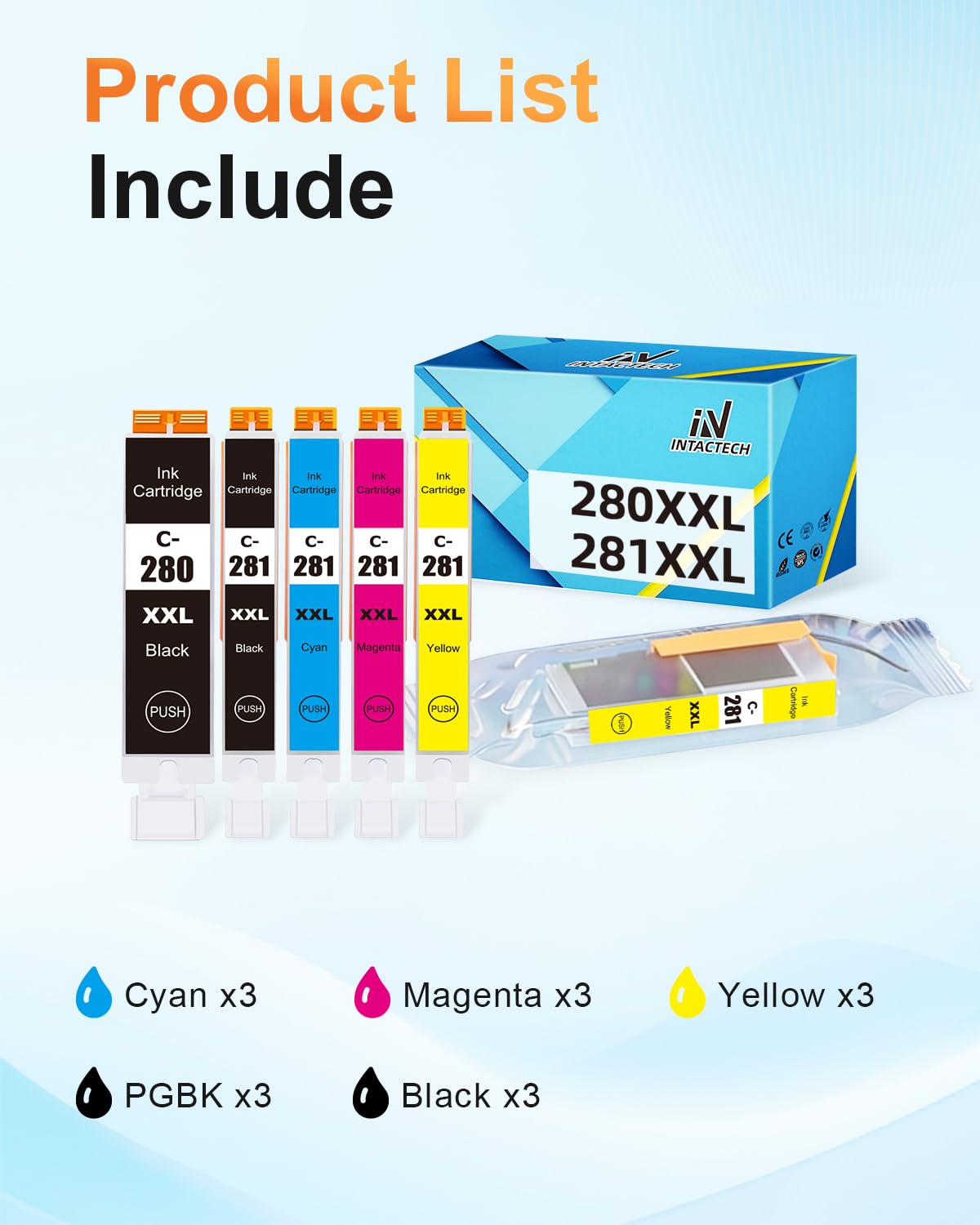 IN INTACTECH PGI-280 XXL CLI-281 XXL Compatible Ink Cartridges Replacement for Canon 280 281 Work with Pixma TR8620a TR8620 TS702a TS9520 TS9521C TR8520 TS6220 TS6320 TS8220 (15-Pack, PGBK/BK/C/M/Y)