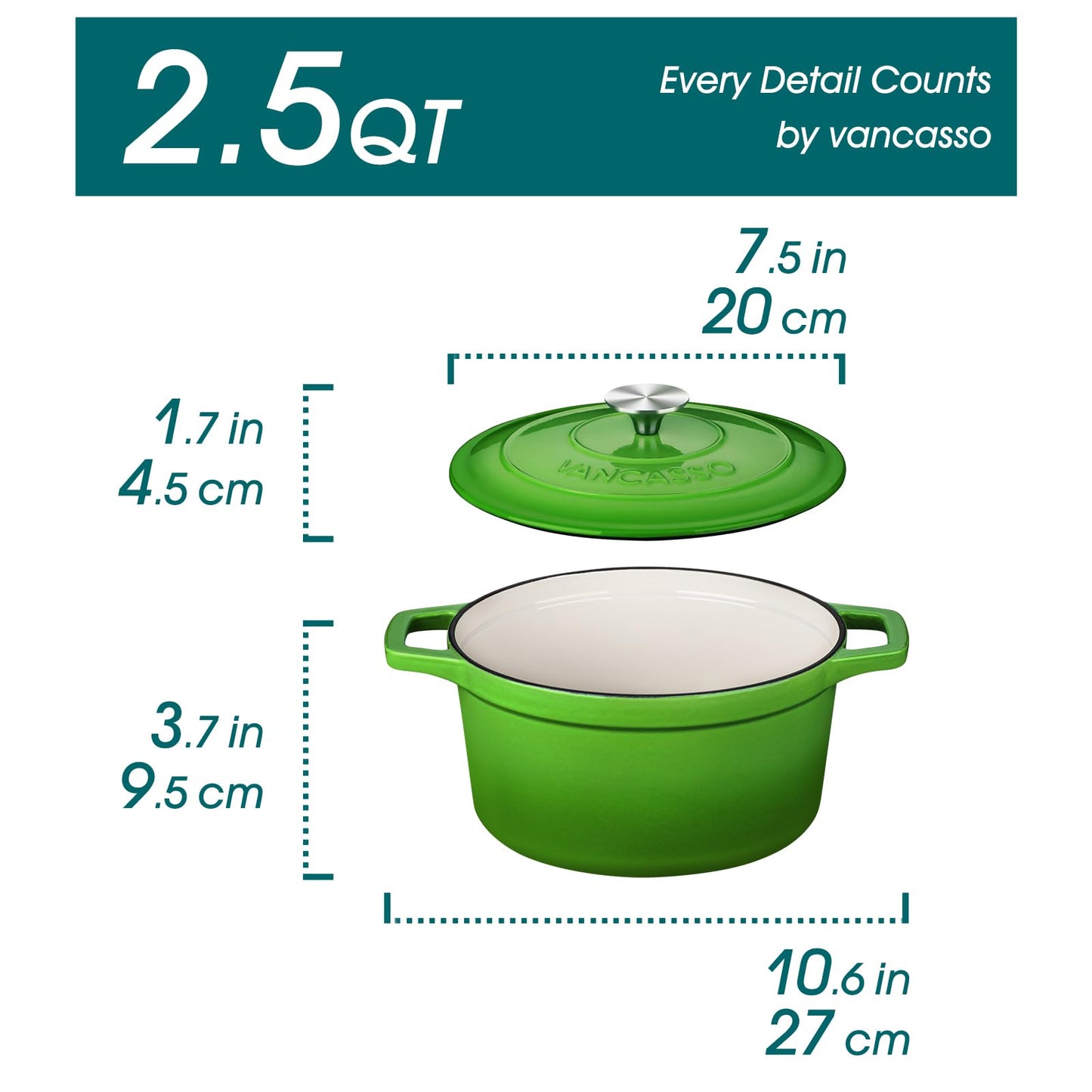 vancasso Green Enamelled Casserole 2 L Cast Iron Casserole Pot Non-Stick Oven Safe Induction Cookers For Stew Soup with Lid 20cm Round