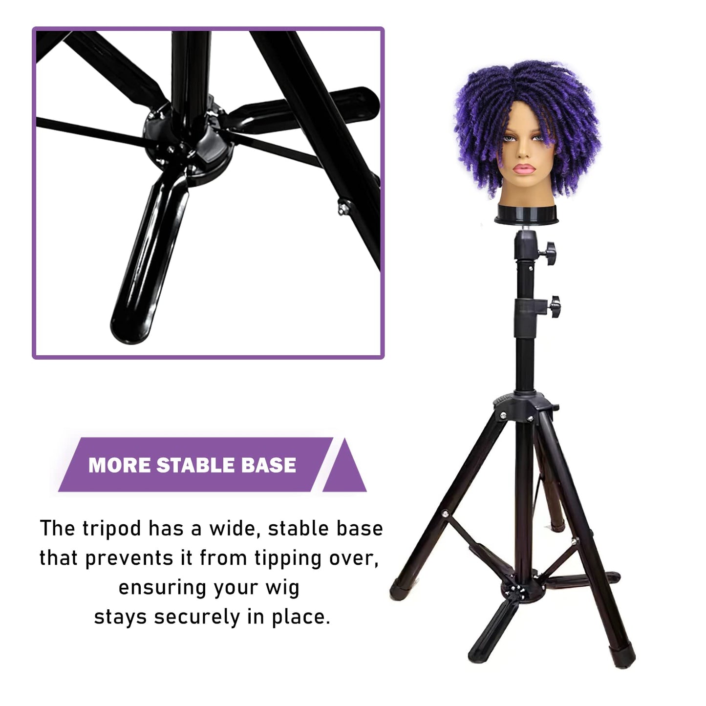 Superhairpieces Sturdy and Adjustable Wig Stand Tripod, Foldable Tripod Metal Mannequin Head Stands - Perfect for Wig Storage, Styling, Hairdressing Training and Display (Black)