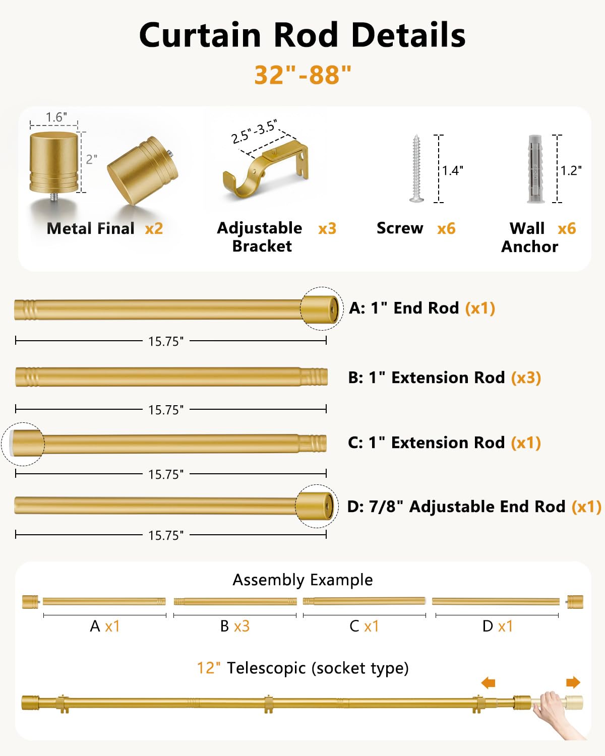 ASULUPHY Gold Curtain Rod, 1 Inch Diameter Heavy Duty Curtain Rods for Window 48-84 in, Long Curtain pole with Thicker Brackets, AdjustableCurtain Rod for Sliding Doors, Living Room, Bedroom, Patio