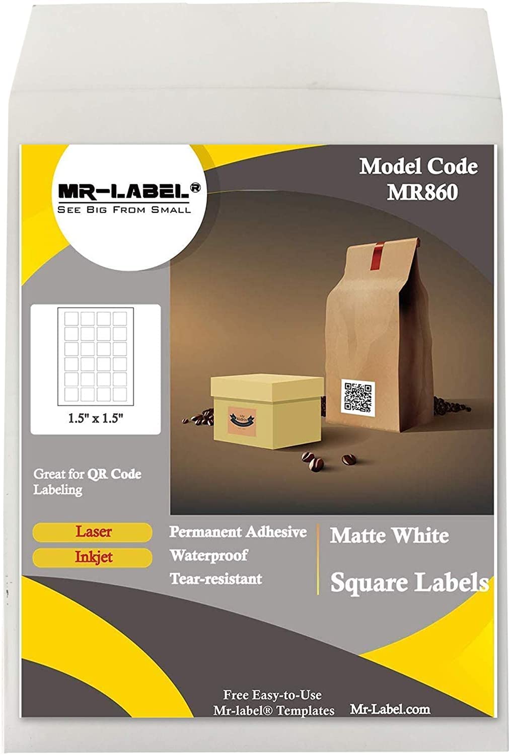 Mr-Label 1.5" x 1.5" Square White Sticker Labels - Waterproof and Tear-Resistant - for Inkjet & Laser Printer - for Food Package | Gift Bag | Jar (100 Sheets Total 2400 Labels)