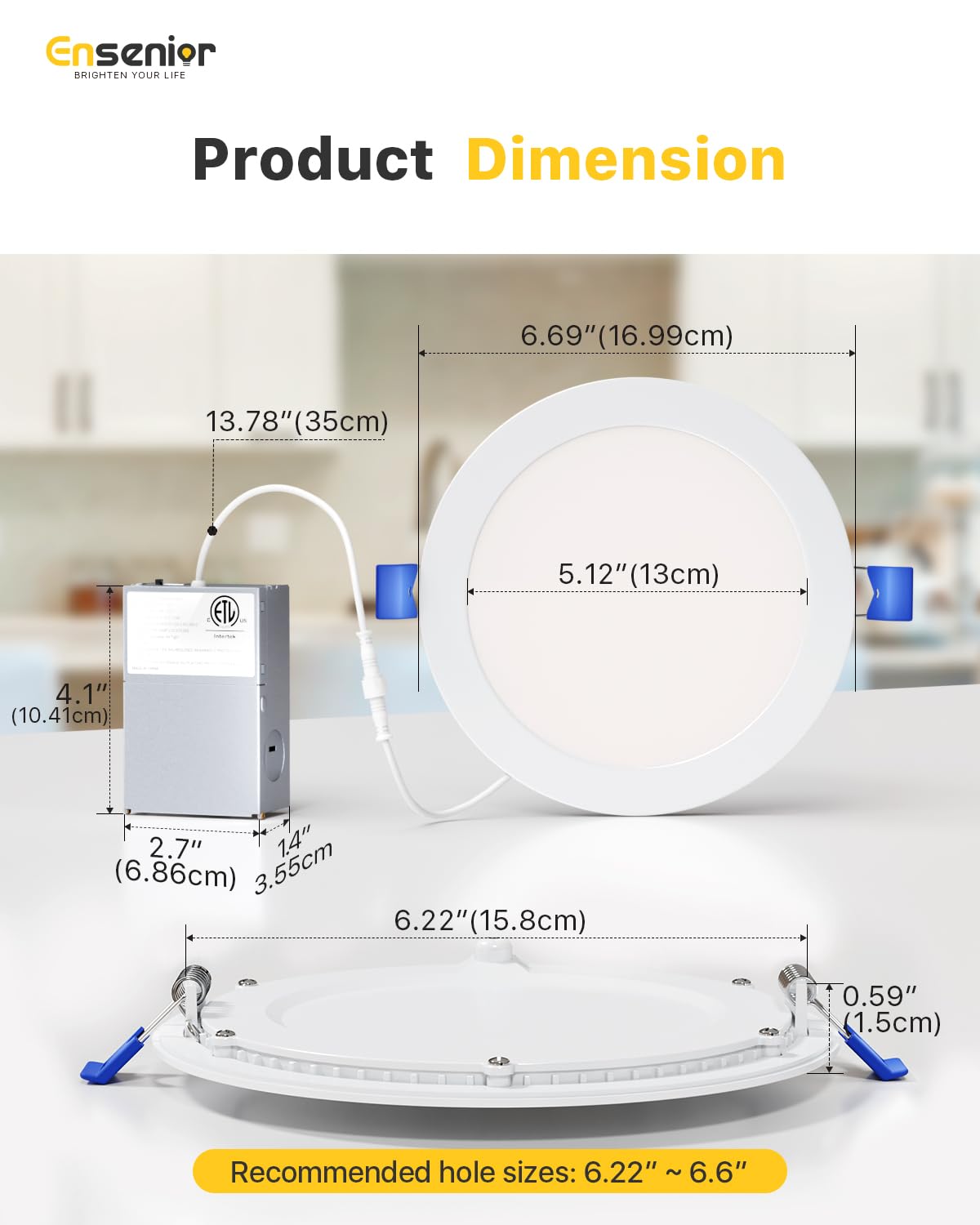 Ensenior 6Inch LED Recessed Slim Pot Light with Junction Box, 2700K/3000K/3500K/4000K/5000K Changeable, 12W 110W Eqv, Dimmable IC-Rated Ceiling Lighting, 1050LM High Brightness (6 Pack)