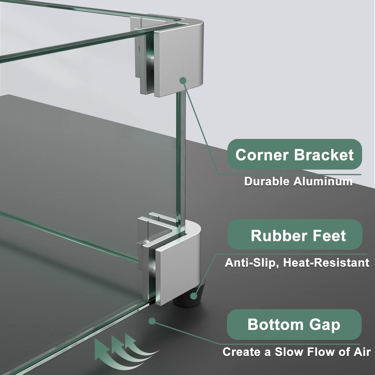 GASPRO 17.5" x 17.5"x 17.5" Square Fire Pit Glass Wind Guard for Square Fire Pit Table, 5/16inch Thickness, Clear Tempered Glass Panel with Hard Aluminum Corner Bracket & Rubber Feet