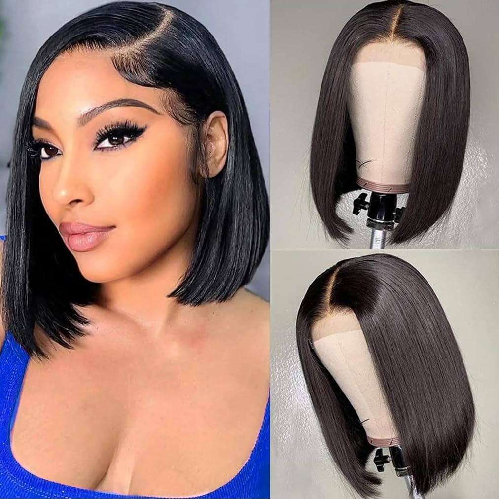 4X4 Lace Front Wigs Human Hair Straight Bob Wig Human Hair Short Wigs for Women Human Hair Pre Plucked 150% Density Glueless Perruque Femme Humain Naturel Black 10 Inch