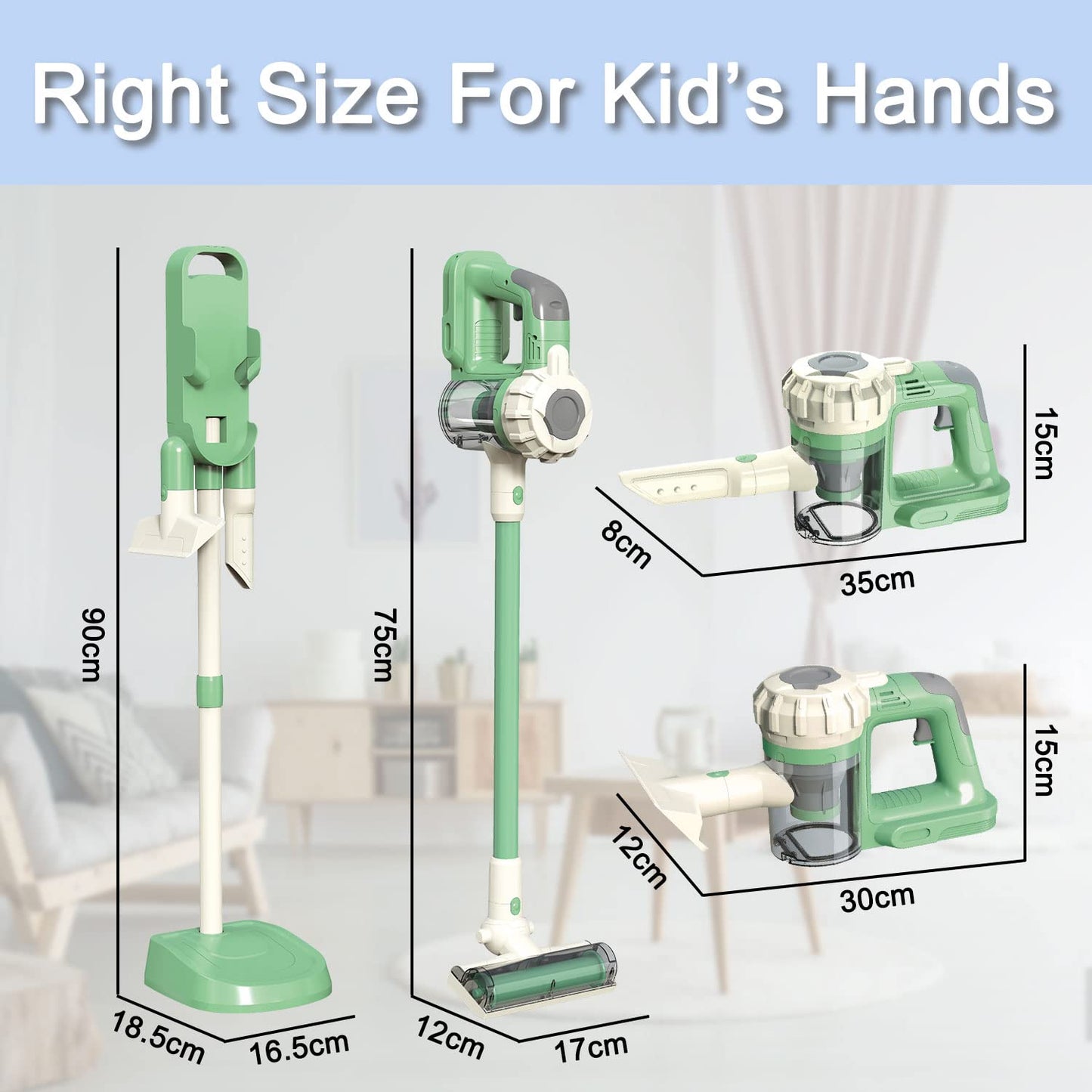 BAYMI 3-in-1 Kids Vacuum Cleaner That Works - Toddler Vacuum Cleaning Toy Set for Children Aged 3+, Kids Working Play Vacuum with Real Suction for Realistic Play (Green)