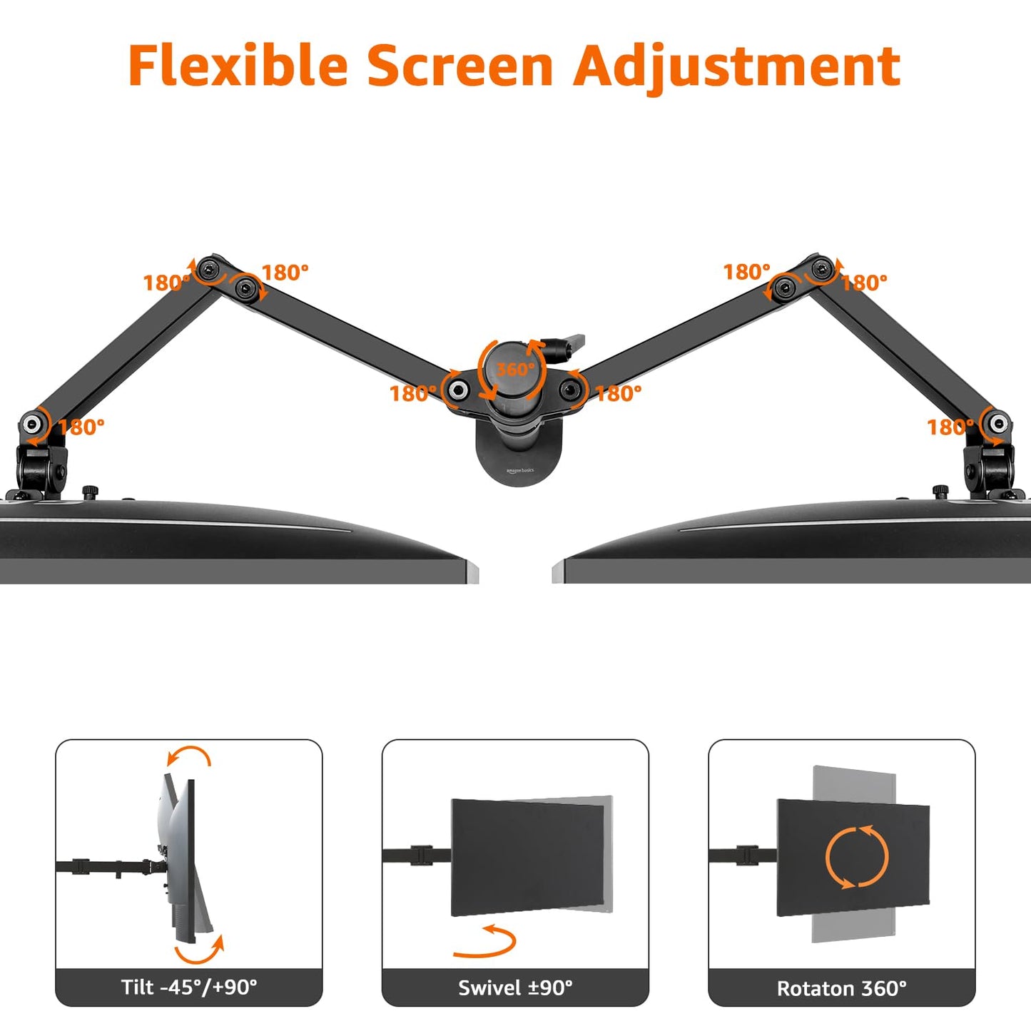 Amazon Basics Adjustable Dual Computer Monitor Arm Mount, Holds up to 32" Monitors