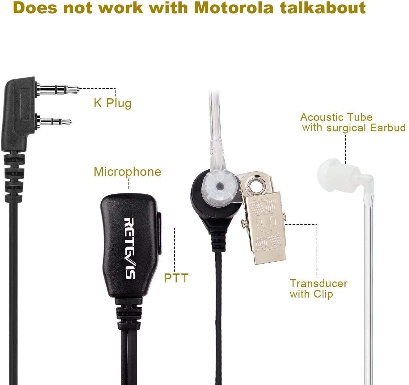 Retevis Walkie Talkie Headset 2 Pin PTT MIC Covert Acoustic Tube Secret Service Earpiece for Kenwood Radio Baofeng UV-5R Retevis RT27 H-777 RT22 Two Way Radios (10 Pack)