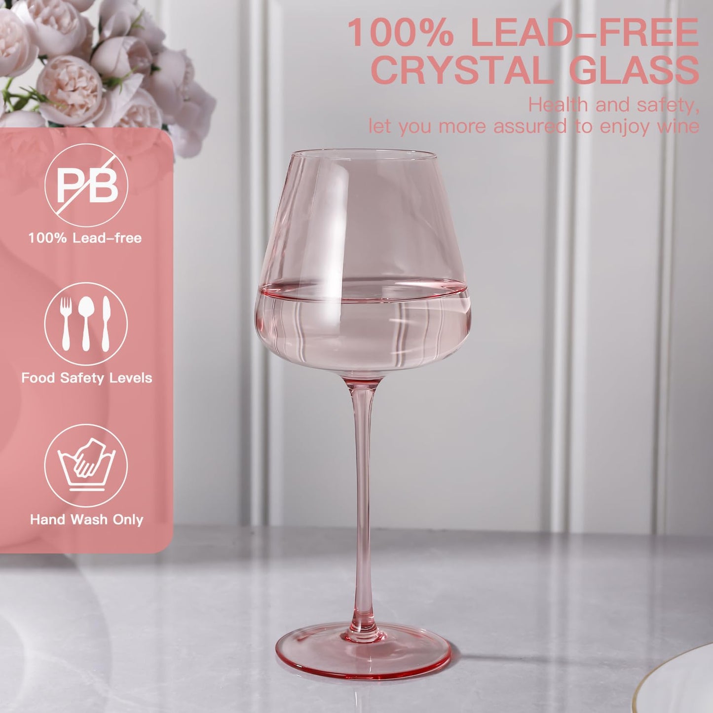 JOVGANK Pink Wine Glasses Set of 6, Hand Blown Large Colored Wine Glass 18Oz, Lead-Free Premium Crystal Long Stem Red and Thanksgiving Wine Glass, Housewarming and Mother's Day Gift