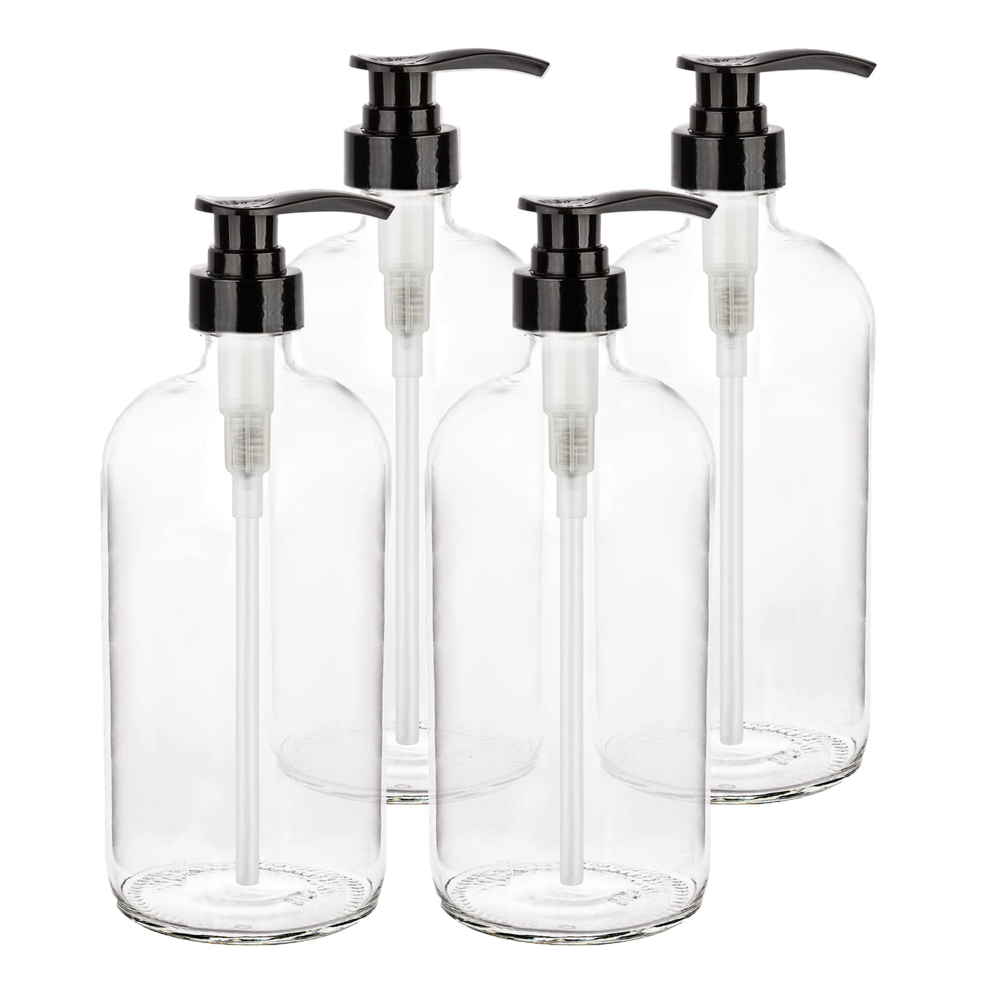1 Liter (32 Ounce) Large Clear Glass Boston Round Bottles w/Black Pumps. Great for Lotions Soaps Oils Sauces - Food Safe and Medical Grade - by kitchentoolz (Pack of 4)