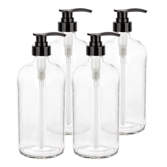 1 Liter (32 Ounce) Large Clear Glass Boston Round Bottles w/Black Pumps. Great for Lotions Soaps Oils Sauces - Food Safe and Medical Grade - by kitchentoolz (Pack of 4)