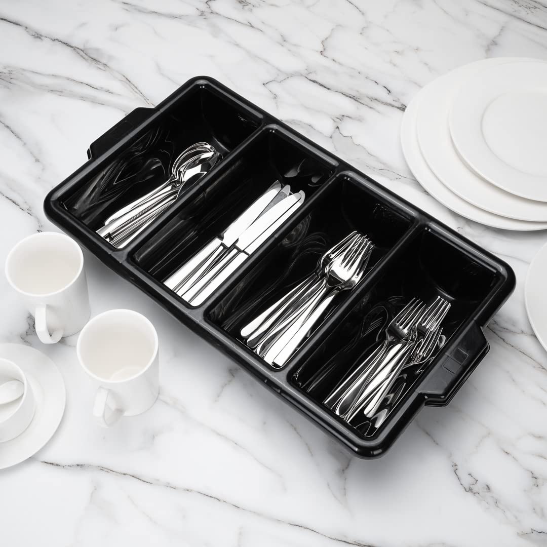 Restaurantware-21.9 x 14.2 x 3.5 Inch Silverware Organizer, 1 Crack-Resistant Cutlery Tray - 4 Compartments, Built-in Handles, Black Plastic Utensils Drawer Holder, for Kitchen Organization