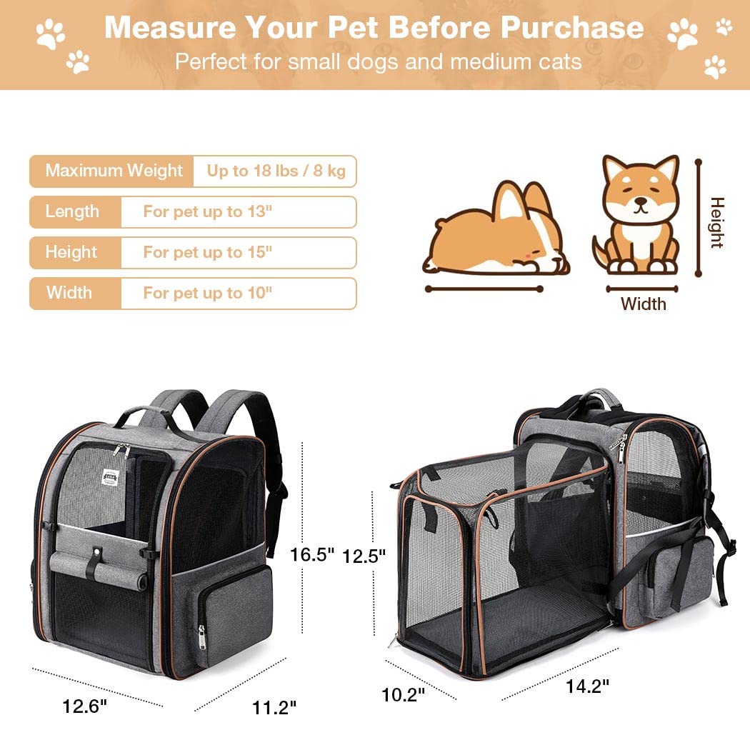 Lekespring Cat Bag, Expandable Cat Backpack Carrier for Small Dogs Medium Cats Fit Up to 18 Lbs, Dog Backpack Carrier, Foldable Pet Backpack Carrier for Travel, Hiking, Outdoor Use (Grey)