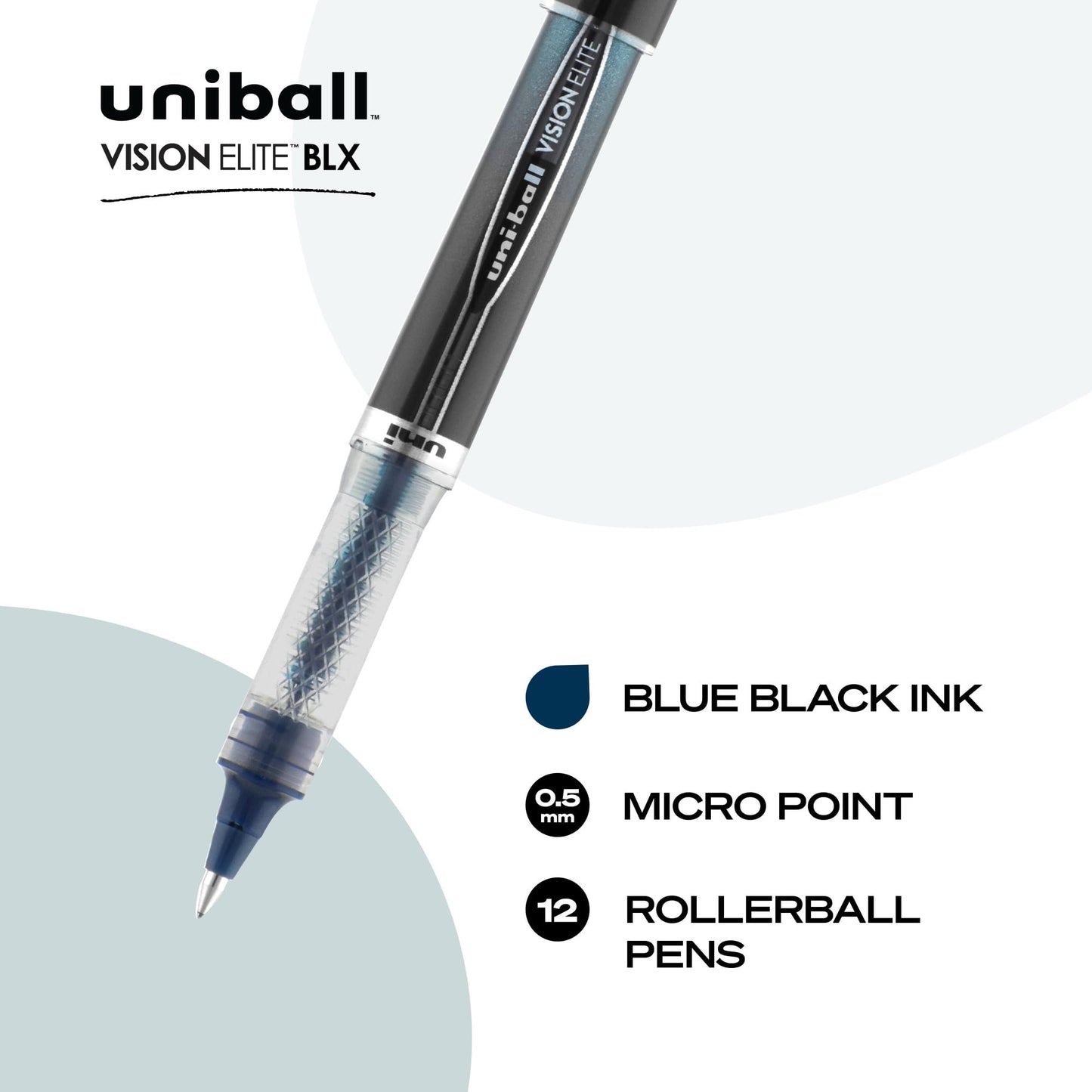 uni-ball VISION ELITE Rollerball, Stick Roller Ball Pen Micro-0.5mm, 12 Pack, Blue/Black Ink (69020)