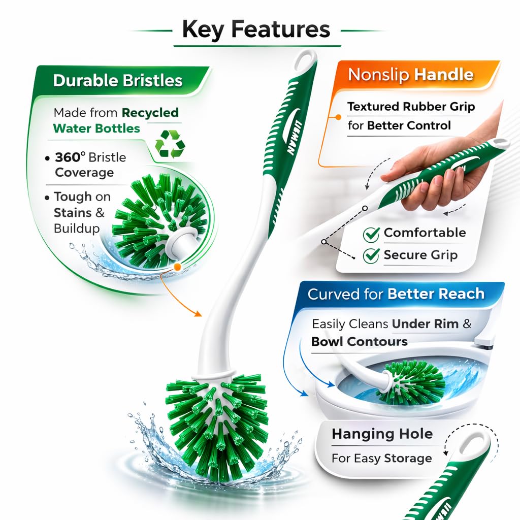 LIBMAN Curved Toilet Brush - 3 Pk Angled Toilet Bowl Brush with Long Handle - Bathroom Bowl Cleaning