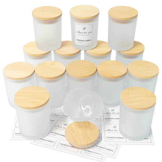 CONNOO 15 Pack 7 OZ Frosted Empty Candle Jars with Bamboo Lids and Sticky Labels for Making Candles - Thick Glass Candle Jars in Bulk with Lids. Dishwasher Safe.