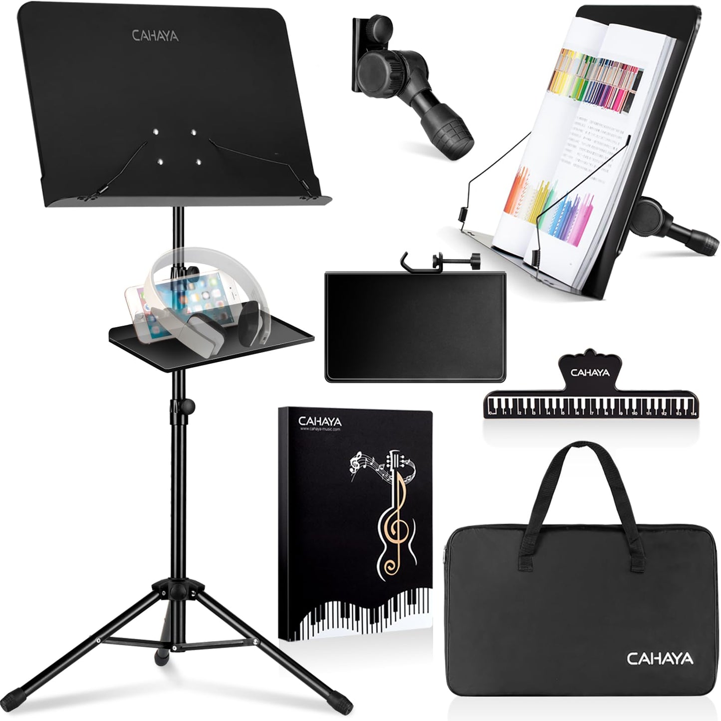 CAHAYA Dual Use Sheet Music Stand with Clamp-on Tray & Desktop Book Stand Including Music Stand with Shelf, Sheet Music Folder, Carrying Bag,and Clip for Guitar, Ukulele, Violin Players CY0194+CY0320