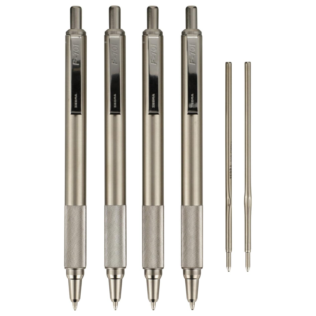Zebra Pen F-701 Ballpoint Black Ink Fine Point 0.8mm Pen, Heavy Duty, Durable Stainless STEEL Barrel, Knurled Grip, Silent Retractable Plunger, Ideal for Tactical Use, 4-Pack Plus 2 Refills (50113)