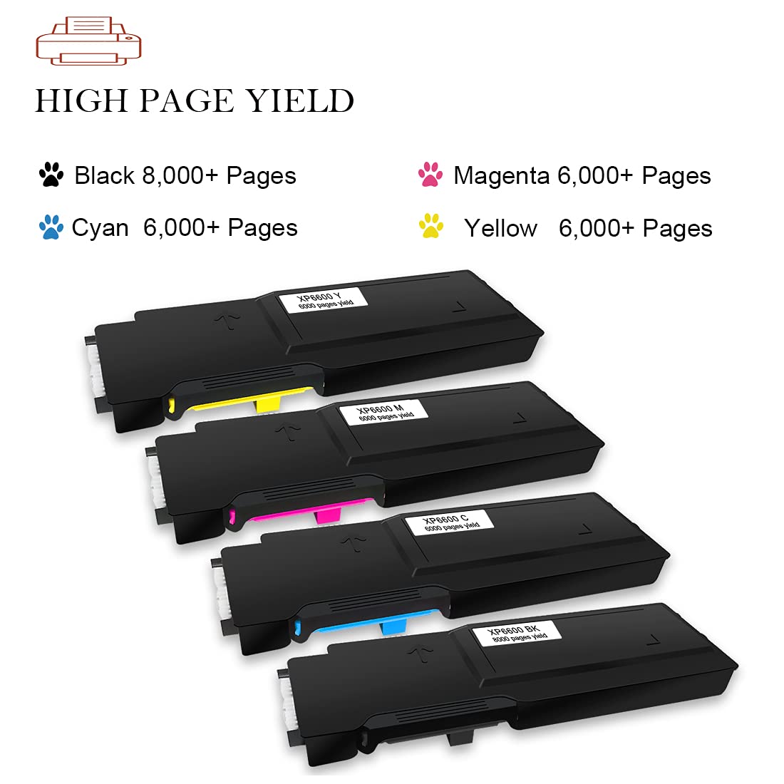 4 Colors Compatible Toner Cartridge for Xerox Phaser 6600 6600n 6600dn 6600ydn WorkCentre 6605 6605n 6605dn Printer High Yield 8000 & 6000 Pages 106R02228 106R02225 106R02226 106R02227 ( BK/C/M/Y )
