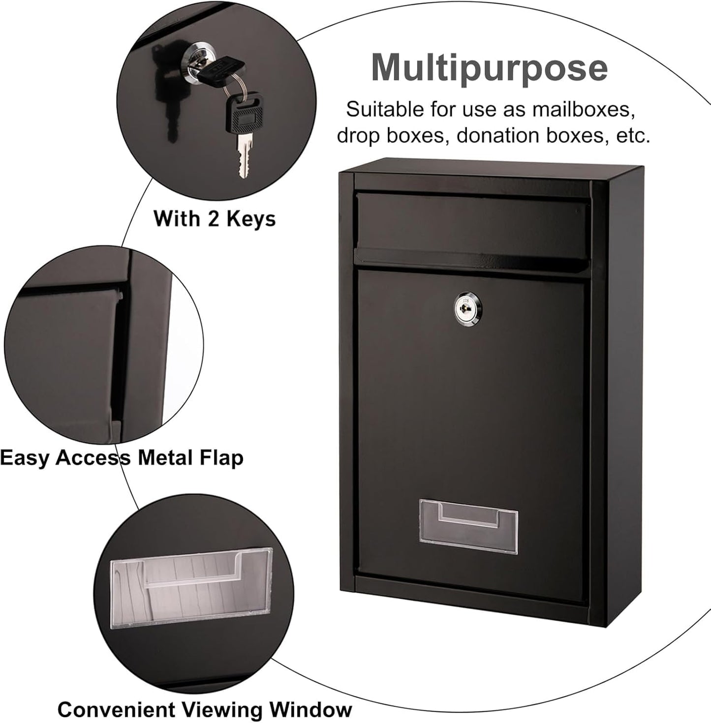 DEAYOU Wall Mount Mailbox, Steel Cover Metal Drop Box, Mail Box with Key Lock, Dropbox with Slot for Envelope, Home, Outside, Office Business, Decor, 12.6" H x 8.5" L x 3.3" W, Black
