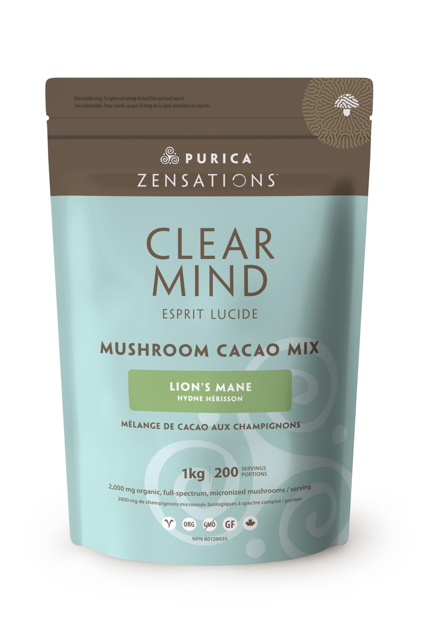 PURICA Zensations Clear Mind Vegan 1kg 200 Servings, Organic Lion's Mane & Cacao Blend with 1600mg Mushroom Powder, Enhances Mental Sharpness & Focus, Refreshing Taste, Ideal for Coffee & Tea, Non-GMO