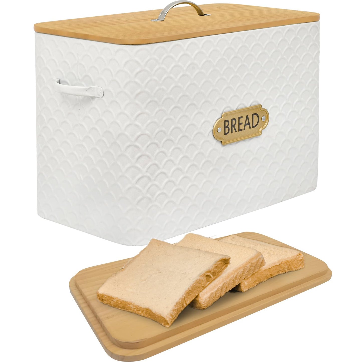 EMAX HOME Extra Large Space Saving Farmhouse Bread Box With Wood Lid - Holds 2 Loaves - Vertical Breadbox Bread Storage Bin Holder for Kitchen Countertop, White