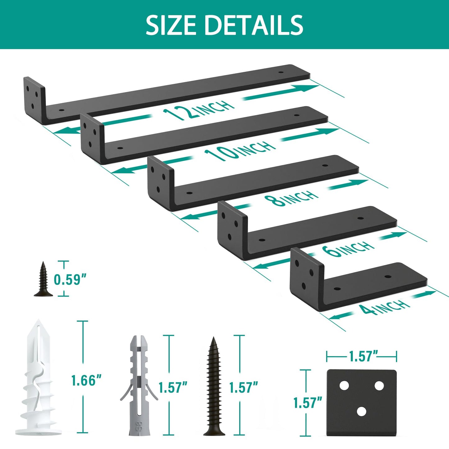 Goovilla Heavy Duty Floating Shelf Brackets, 8 Inch, 4 Pack L Brackets for Wood Shelves, Black Metal Wall Shelving Brackets, 160 lb. Load Capacity