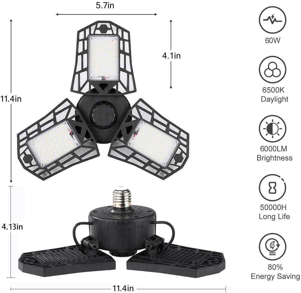 LED Garage Lights - 6000 Lumen 6500K Daylight 60W, Three Leaf Led Garage Ceiling Lights, Pack of 2