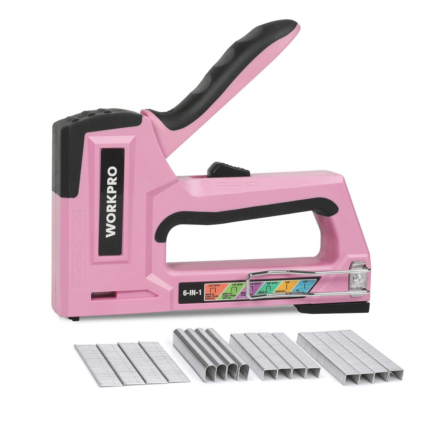 WORKPRO 6-in-1 Manual Staple Gun Kit, Pink Hand Brad Nailer with 4000pcs Staples, Portable Stapler for Upholstery, Crafts, Light Material Repair, Decoration, DIY, Furniture, and Carpentry