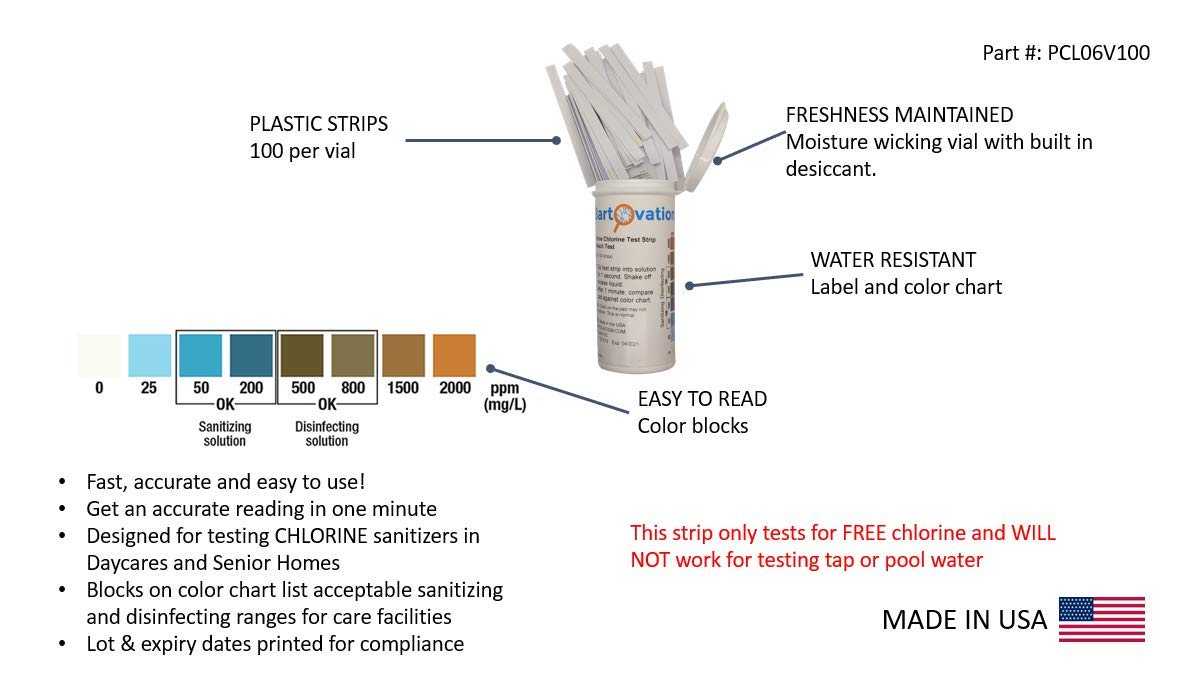 Active Chlorine/Bleach Test Strips, 0-2000 ppm, Designed for Daycares and Senior Homes for Sanitizing and Disinfecting [Vial of 100 Strips]