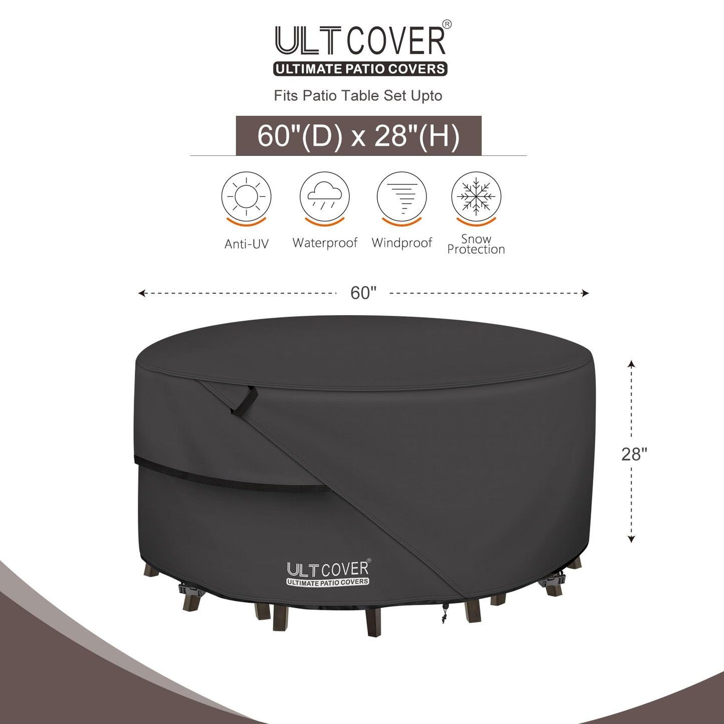 ULTCOVER Round Patio Furniture Cover - Outdoor Waterproof Table with Chair Set Cover 60 inch, Black