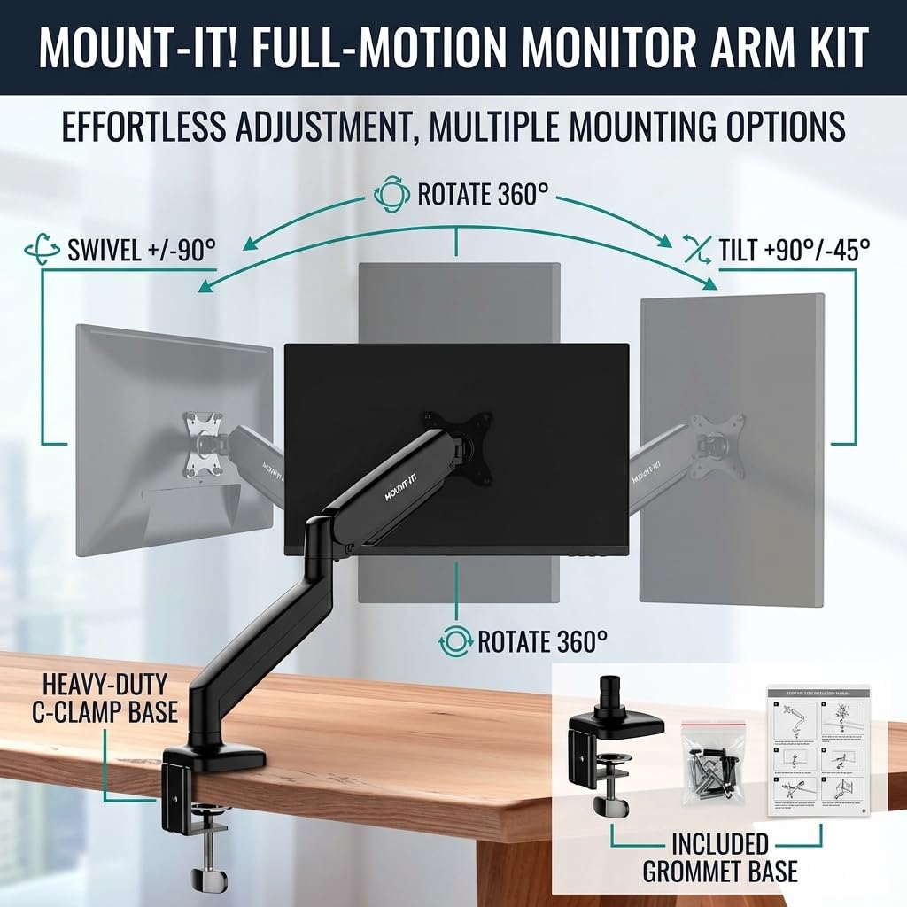 Mount-It! Monitor Arm – Single Monitor Desk Mount, Articulating Gas Spring Arm, Fully Adjustable 13"-32" Screens, VESA 75x75 100x100, Clamp & Grommet Base, Holds 17.6 lbs