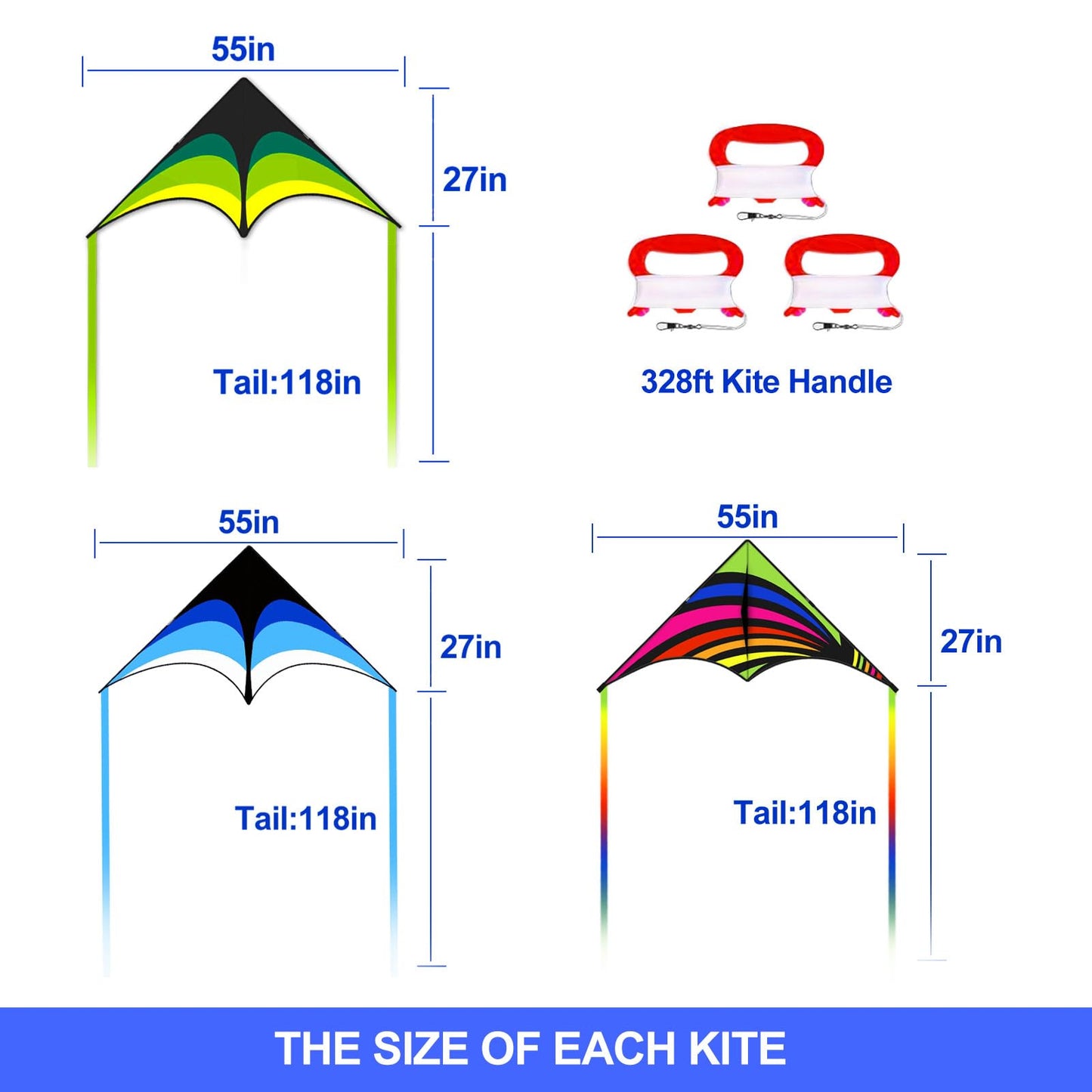 3 Pack Delta Kites Set for Kids & Adults, Easy to Fly Large Beach Kites Pack for Boys and Girls, 300ft Kite String Included, Perfect for Outdoor Activities (Green, Blue & Rainbow)