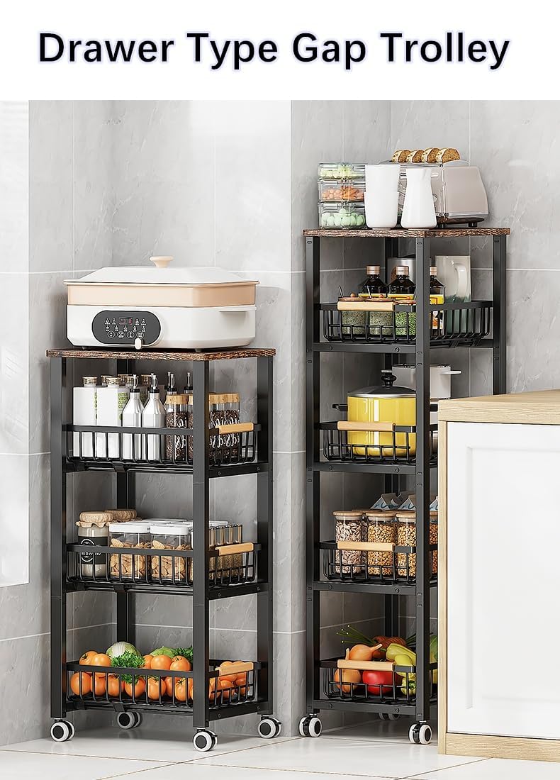 KOLENSA Metal Wire Baskets with Wheels, Stackable Storage Bins Kitchen Organizer Shelf, Multi Layer Fruit Vegetable Cart Dishes Seasonal Rack Freestanding with Pull Out Slide Drawer