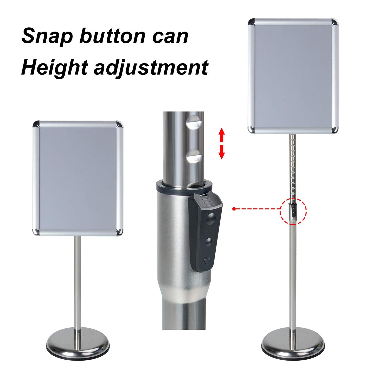 AkTop Adjustable Poster Sign Stand, 11 X 17 Inch Heavy Duty Pedestal Floor Standing Sign Holder, Silver Snap-Open Aluminum Frame with Safety Rounded Corner