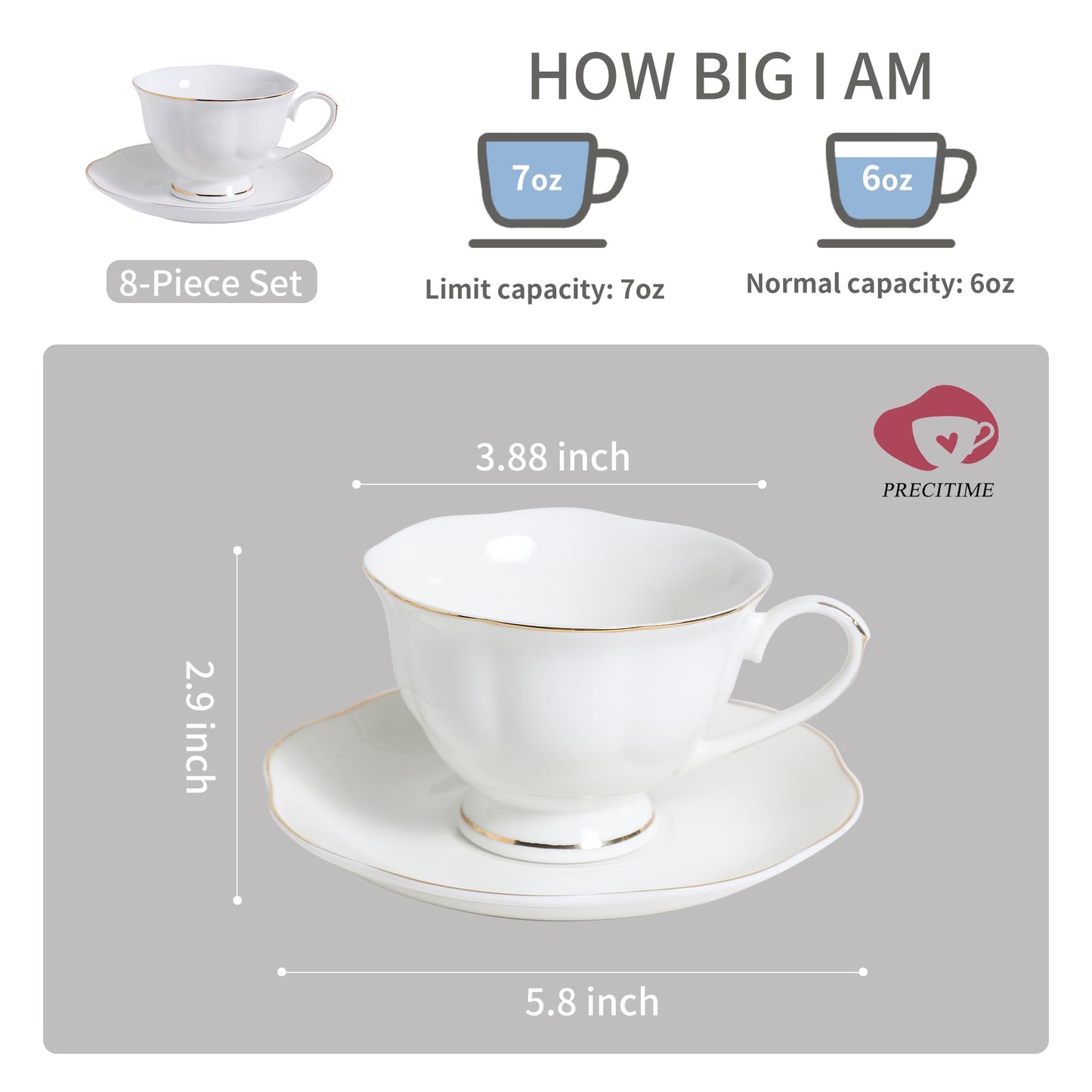 PRECITIME White Ceramic Tea Cup and Saucer Set of 8 (16-Piece) - 6oz Elegant Porcelain Cups with Gold Rim, 8 Cups & 8 Saucers for Tea Party