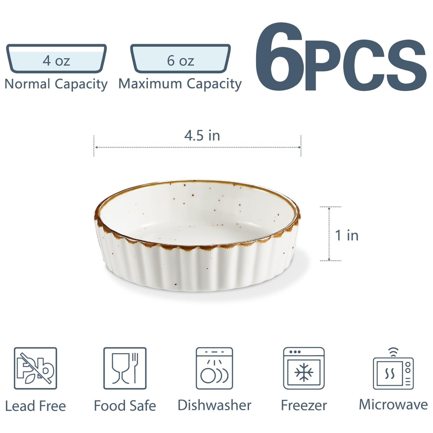 ONEMORE Ramekins 4 oz - Oven Safe Shallow Ramekins with Brown Rim for Creme Brulee - Speckled, Fluted, Set of 6
