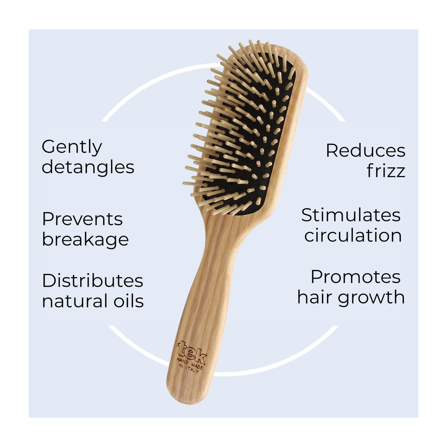 TEK - Medium Rectangular Ash Wood Brush with Short Tooth Handmade in Italy, for Fine or Straight Hair - 22 x 5.5 cm