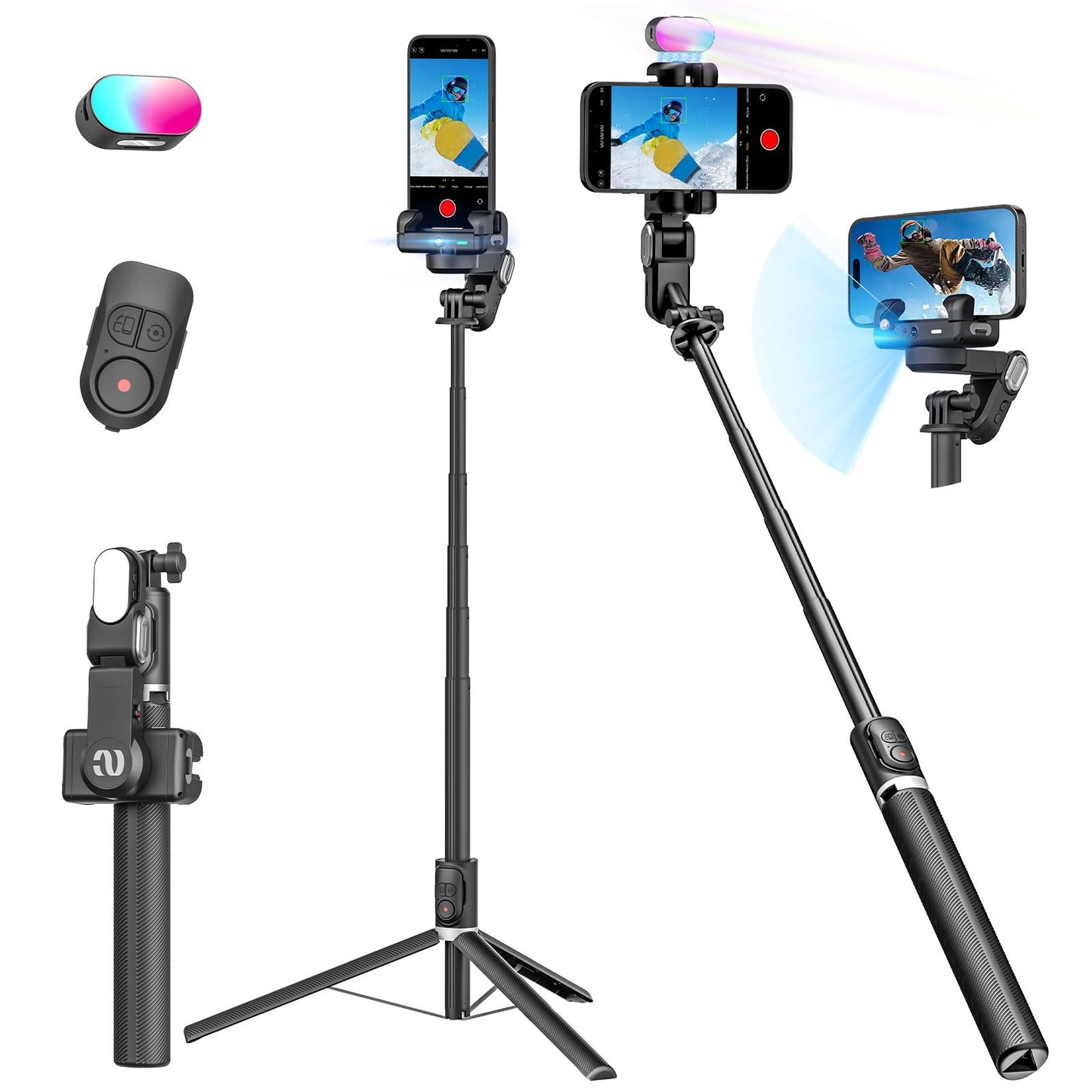 AOCHUAN Gimbal Stabilizer Face Tracking Without APP, 4 in 1 RGB Light Stabilizer, Handheld Portable Phone Tripod for iPhone&Android, Built-in Extension 108cm, M2PRO Black