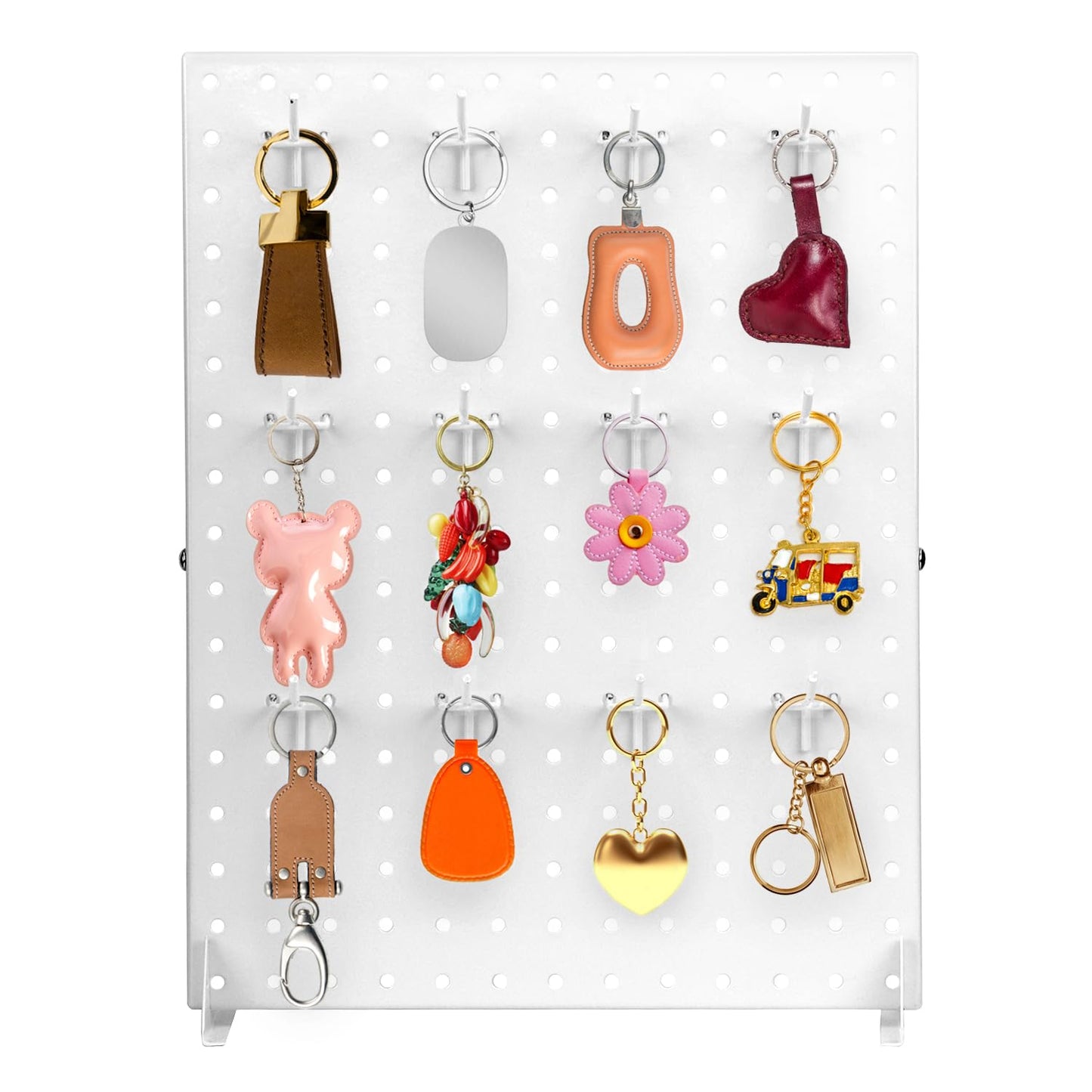 QWORK White Steel Peg Board Display Stand with 12 Hooks Included for Jewelry, Ornaments & Keychains