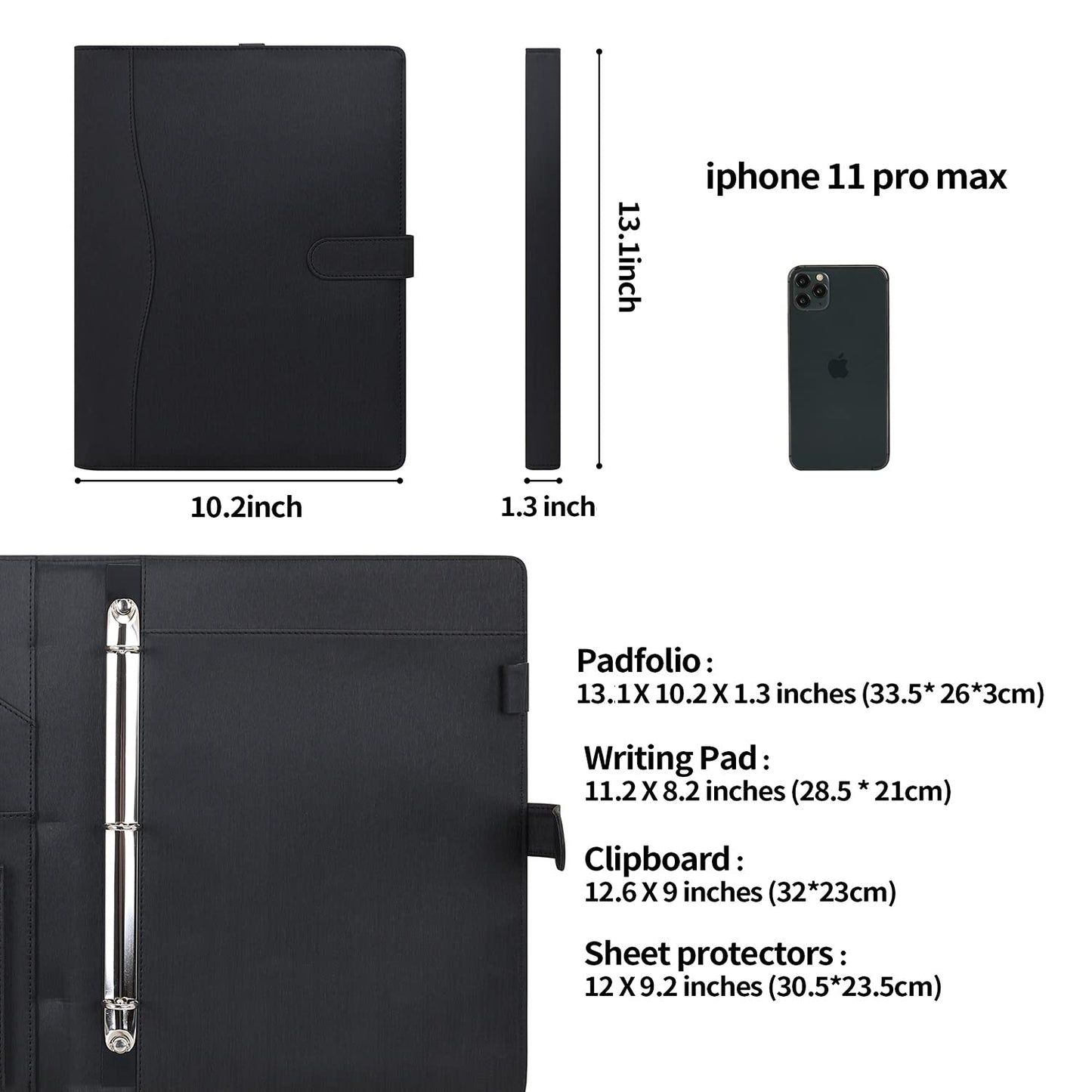 Wonderpool A4 Leather Portfolio Holder Ring File Document Case with Removable Binder Clipboard, Multi Pocket and Legal Pad for Business Organizer Interview and Meeting (Black)