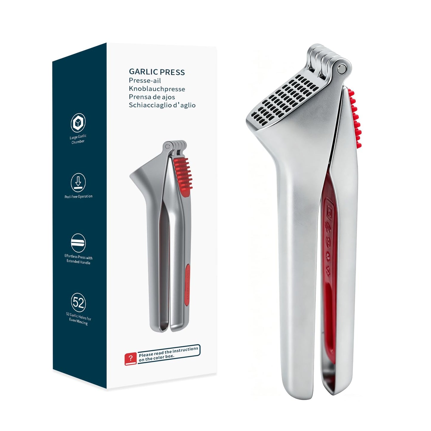 KITCHENDAO No Peeling Garlic Press with Large Chamber,Heavy-Duty Garlic Press with Built-in Scraper & Cleaning Pusher, Zinc Alloy Garlic Mincer, Dishwasher Safe