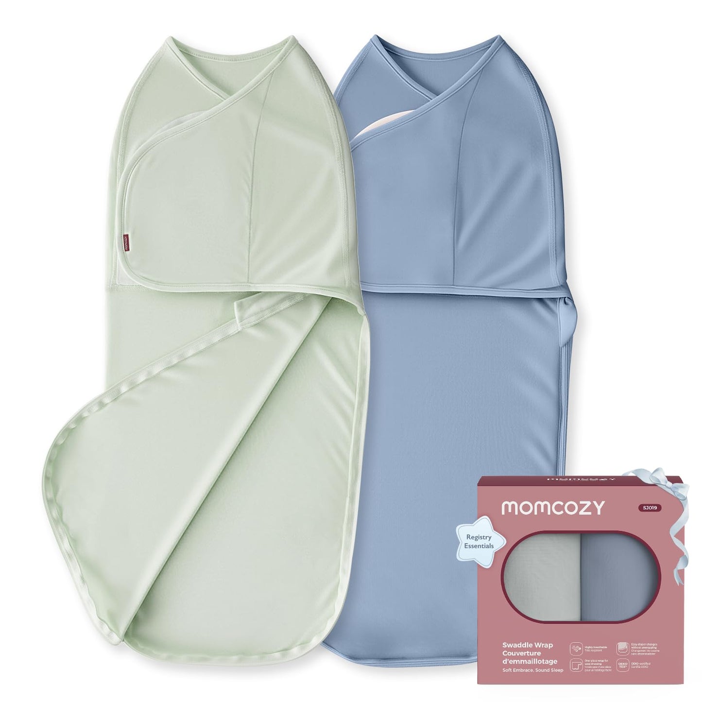 Momcozy Baby Swaddle, Quiet Fastener Swaddle Suitable for Infant 0-3 Months, New-Parent-Friendly Sleep Sack, Reduce Startle Reflex, Newborn Boys Girls Registry Essentials, 2-Pack, Serenity