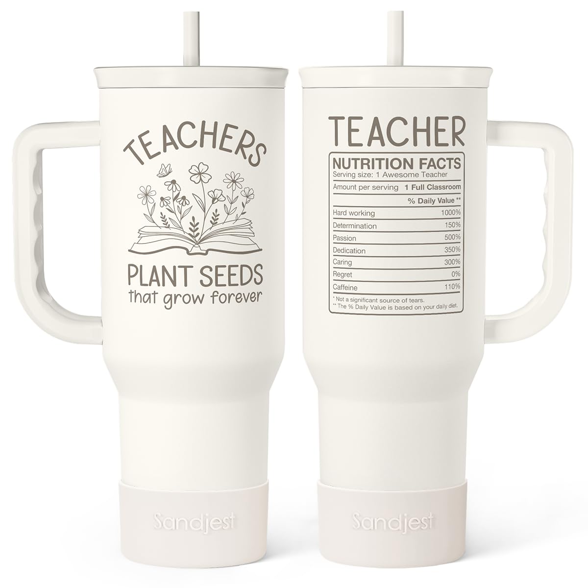 SANDJEST Teacher Appreciation Gift – 40oz Stainless Steel Insulated Tumbler with Handle and Straw - Teacher Nutrition Facts Travel Coffee Mug Cup for Women Back to School Birthday Christmas