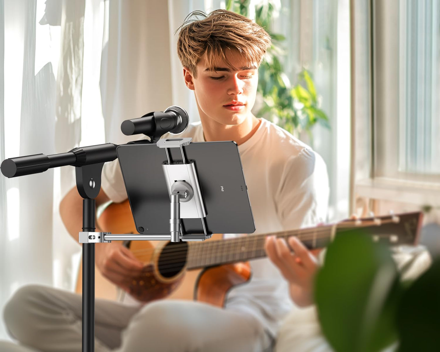 elitehood Aluminum iPad Holder for Mic Stand, Side Mount iPad Music Stand Holder for Microphone, 360° Swivel Tilt Adjustable Mic Tablet Mount for 4-13in iPhone, Cell Phones and Tablets, Sliver