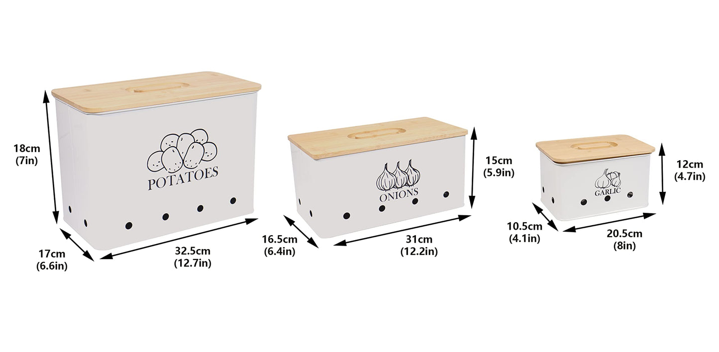 Kitchen Vegetable Storage Tins Set of 3 for Potato Onion & Garlic with Wooden Lid, Kitchen Storage Canisters Set, Long Shelf Life - White