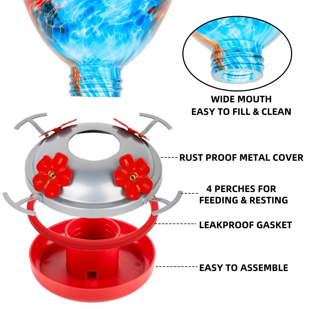 Hummingbird Feeder with Perch - Hand Blown Glass - 38 Fluid Ounces Blue Hummingbird Nectar Capacity Including Hanging Wires and Moat Hook Blue