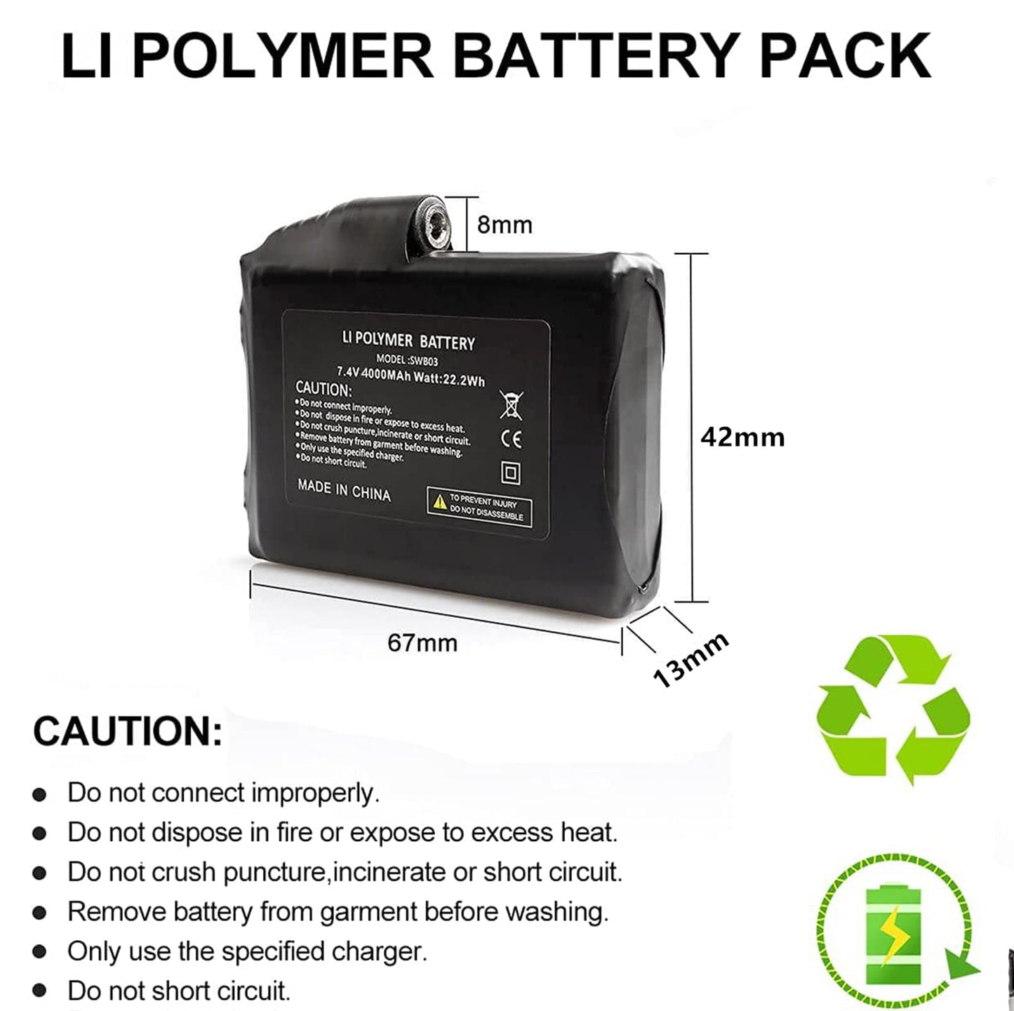 7.4V 2200mAh/3500mAh/5000mAh Li-Polymer Rechargeable Batteries,Rechargeable Battery for Heated Apparel 2200mAh Li-ion, for Glove Battery Replacement, Compatible with Heated Socks