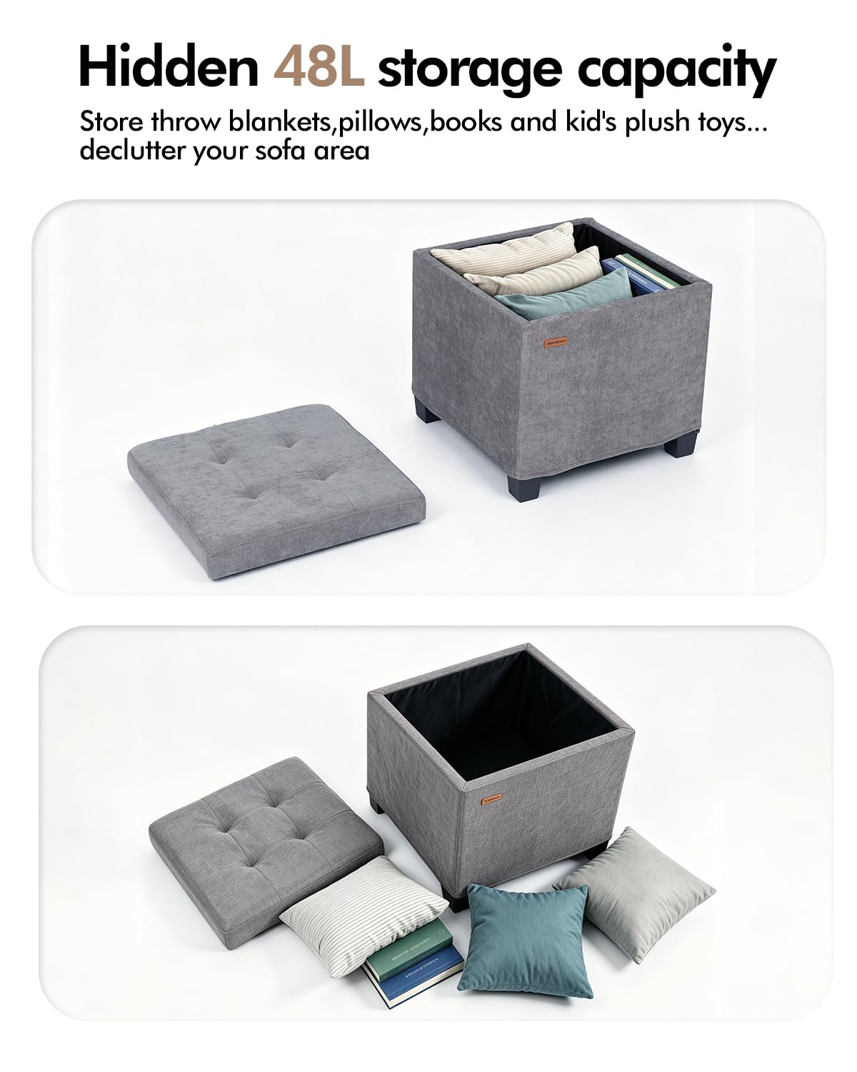 ABHENG Steel Frame Square Storage Ottoman Cube 45 x 45 x 45 cm,Tufted Upholstered Foot Stool Footrest with Legs,for Dorm Living Room Chenille Gray CASND641G