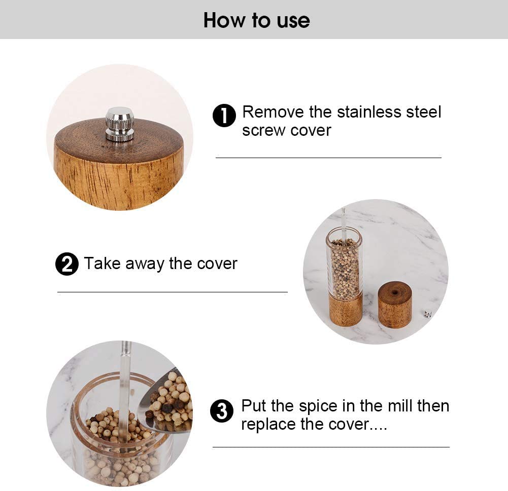 Haomacro Premium Acrylic Salt and Pepper Grinder Set, Manual Salt and Pepper Mills - Wooden Salt Shakers with Adjustable Ceramic Core-Salt Grinder and Pepper Mill - 8 Inches - 2 Pack